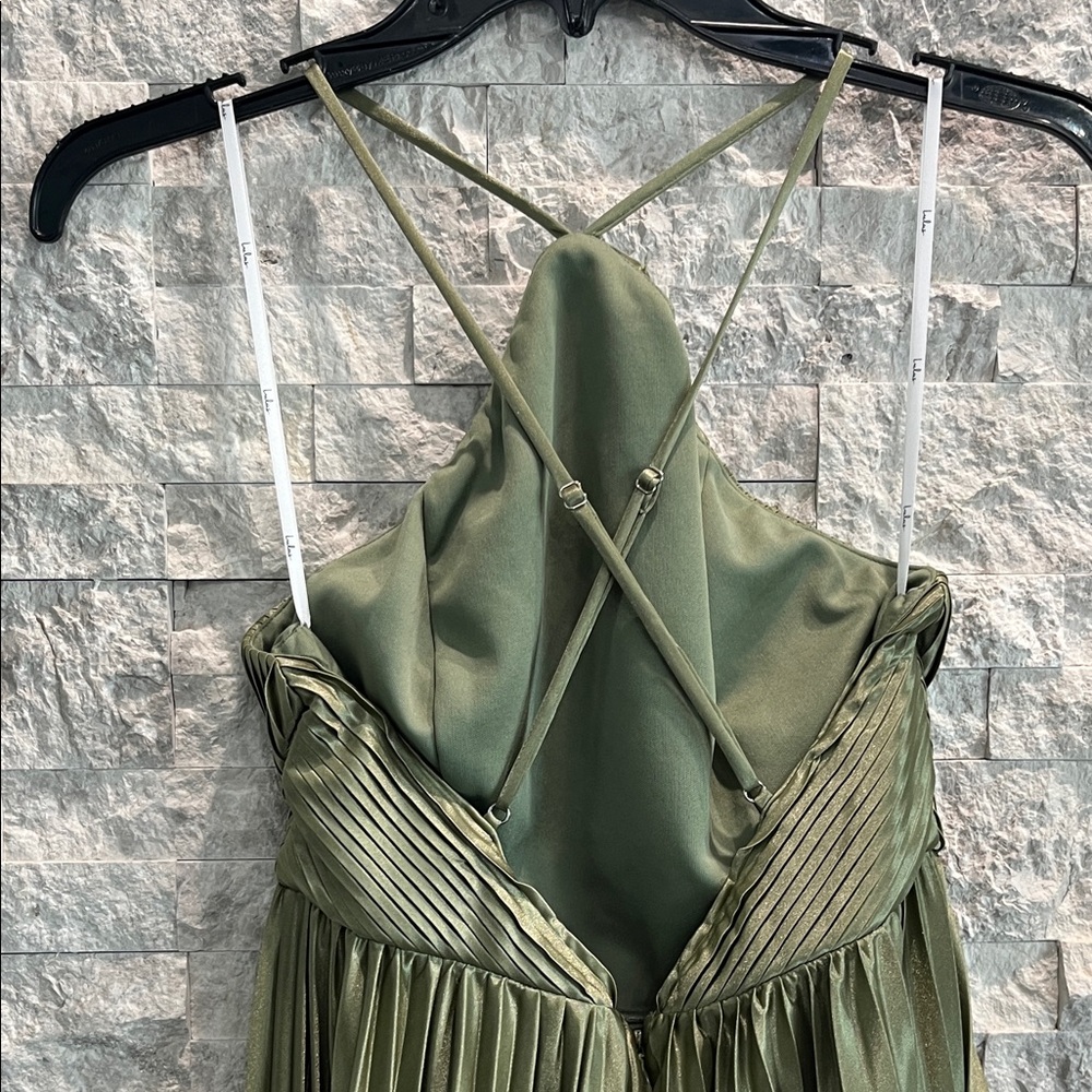 Lulus Elaborate Charm Olive Green Satin Pleated Backless Maxi Dress Sz-S - Picture 8 of 13